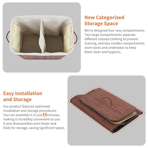 Bamboo Laundry Hamper Large 106L with Removable 4-Section Liner, Foldable Storage Basket with Lid and Handles for Bedroom, Laundry Room, Small Spaces – Brown- Rectangle - color: Brown - Rectangle