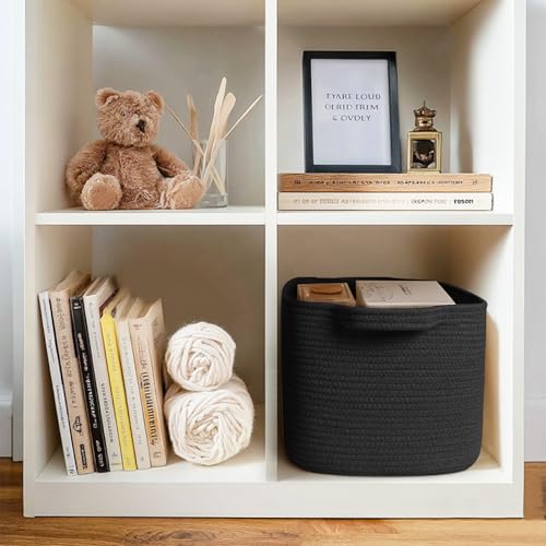MEGASKET Black Woven Storage Basket - 15"x9"x11" Cotton Rope Basket for Organizing Shoes, Toys, Books, Towels, Rectangular Decorative Dog Toy Bin Box, Wicker Storage Bin for Entryway, Shelf, Gift Use - color: Black