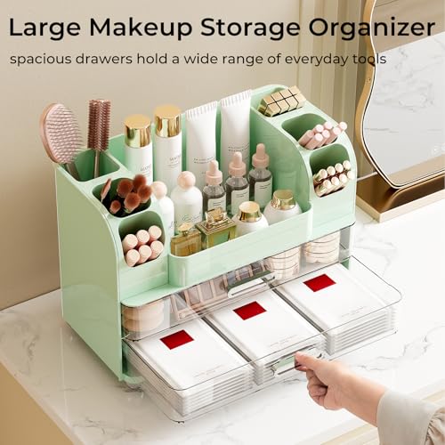 Makeup Organizer for Vanity with 2 Large Drawers, Cosmetic Display Case with Brush Holders, Easy to Storage for Bathroom Countertop Skincare, Perfume, Green - color: Green