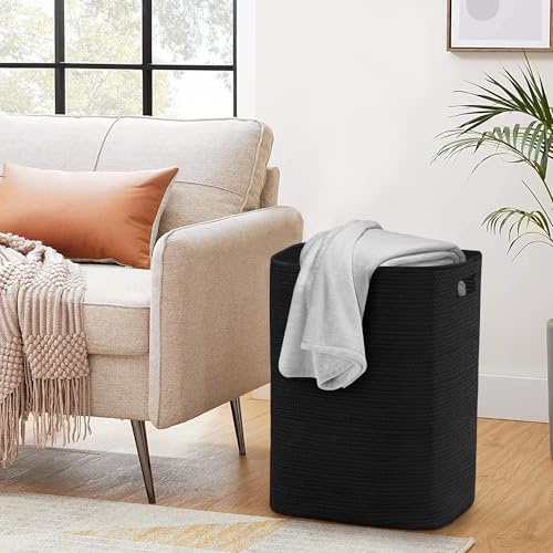 MEGASKET Large Laundry Hamper 16"x13"x22" - Tall Woven Laundry Basket, Cotton Rope Dirty Clothes Hamper, Baby Kids Nursery Wicker Laundry Basket, Bedroom Aesthetic, Soft Laundry Bin, Black Hamper, 75L - color: Black