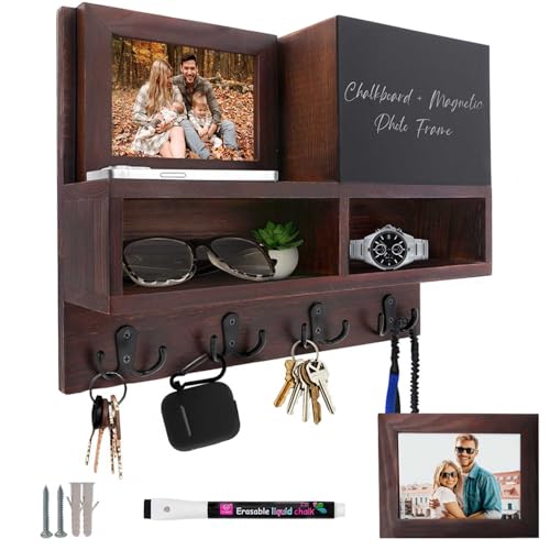 Spacelog Key and Mail Holder for Wall with Chalkboard – Magnetic Photo Frame Key Holder Wall Mount, Dark Walnut, Dual Storage & Cupboards Mail and Key Organizer for Wall - color: Dark Walnut Brown