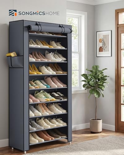 SONGMICS Home Shoe Rack 10-Tier, Tall Narrow Metal Shoe Organizer with Dust Cover, 11.2 x 33.3 x 63.2 Inches, Vertical Storage Cabinet for Closet Entryway, Gray - color: Grey, size: 10 Tiers (33.3"W)