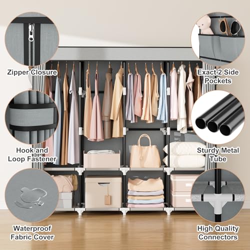 VTRIN Portable Closet for Hanging Clothes 67 Inch Wide Large Capacity Portable Wardrobe Closet with Cover, 4 Storage Shelves and 4 Hanging Rod Sturdy Free Standing Closet for Bedroom, Grey - color: Grey, size: 4 Row - 67'' Wide