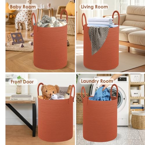 Cotton Rope Laundry Basket, Large Capacity Storage Bin with Handles, Blanket Basket for Living Room, Ribbed Texture, Brick Red, XX Large 100L - color: Brick Red, size: 100L