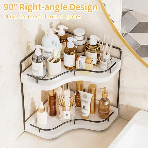 2-Tier Corner Bathroom Counter Organizer with Embedded Screw Holes, Secure & Stable Wood Vanity Shelf for Makeup and Skincare Essentials - Space Saving Bathroom Countertop Storage, White - color: White
