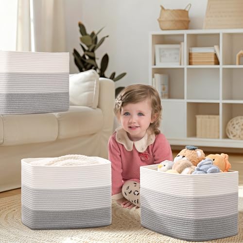 3 Pack Cube Storage Bin, 17”x12”x12” Cotton Rope Woven Baskets for Organizing Toys Clothes Towels, Square Gift Storage Baskets for Shelves, Nursery, Closet, Bathroom, Pantry (3-Tone Gray) - color: 3-Tone Gray, size: 17" x 12" x 12"