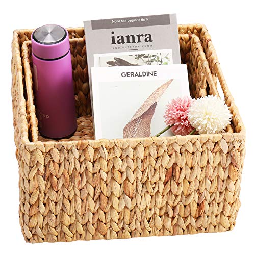 HOONEX Water Hyacinth Storage Baskets for Organizing, Decorative Wicker Baskets with Carrying Handles, Set of 2, Natural - color: Natural (Water Hyacinth), size: 13 x 13 x 7.5 inches