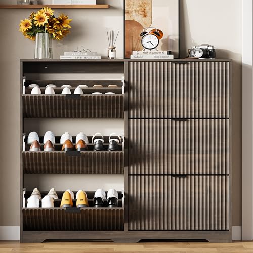 HUANLEGO Shoe Cabinet Storage for Entryway with 6 Flip Drawers, Grey Fluted Shoe Cabinet with Adjustable Shelves, Wooden Hidden Shoe Rack Freestanding Narrow Slim Shoes Storage for Hallway, Entrance - color: Grey, size: 6 Drawer