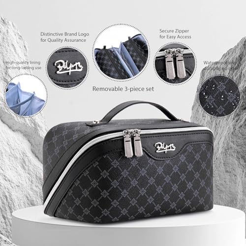 BOYATU Travel Makeup Bag Cosmetic Bags for Women: 3 Pcs Set Large Capacity Make up Bag with Handle - Vegan Leather Toiletry Bags with Compartments - Makeup Organizer for Travel Essentials(A-7-Black) - color: A-7-Black