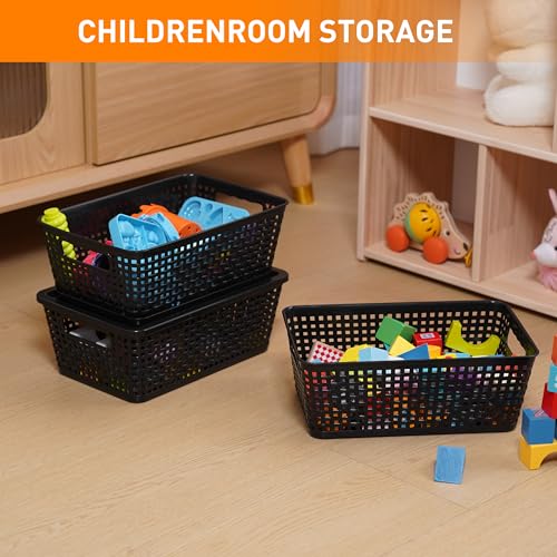 Plastic Storage Baskets With Lid, Storage Bins for Organizing, Stackable Decorative Containers for Shelves Drawers Desktop Closet Playroom Classroom Office, 6 Pack-Black - color: Black, size: 6 Pack