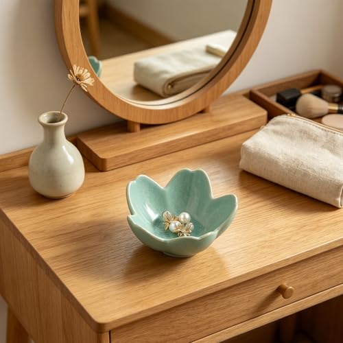 Floral Ceramic Jewelry Tray - 3.5" Elegant Ring Holder Dish & Trinket Bowl for Vanity Dresser Decor (cyan) - color: cyan