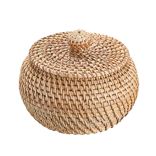 Hipiwe Round Rattan Basket Boxes With Lid Hand-Woven Wicker Storage Baskets Bin Decorative Basket Box Multi-Purpose Picnic Food Bread Basket Small Keys Basket Bowl for Entryway (X-Small,4.7"x3.3") - size: X-Small,4.7"x3.3"