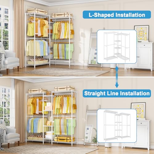 Ulif E4 Clothes Rack, Heavy-Duty Garment Rack, Metal Freestanding Clothing Organization Storage System Can Be L-shaped with Shelves and Hangers, Max Load 962lbs, 71.6" W x 14.5" D x 79.3" H, White - color: White