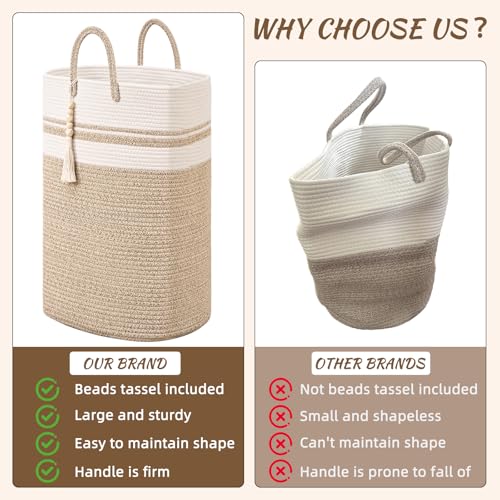 Woven Laundry Basket for Clothes, 50 L Large Rectangle Laundry Hampers with Beads Tassel, Nursery Storage Basket for Toys, Tall Dirty Clothes Hamper for Bedroom Aesthetic, Laundry Room Organization - color: Brown&White, size: 50L