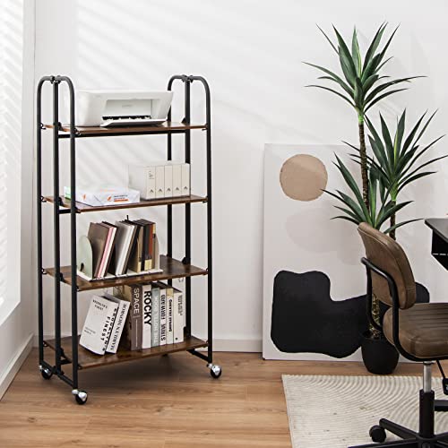 Giantex Foldable Storage Shelves with Wheels, No Assembly 4-Tier Rolling Cart, 2 of The Wheels Have Locks, Microwave Utility Cart Baker Rack, Portable Storage Rack w/Metal Frame, for Kitchen, RV - size: 52'' Tall