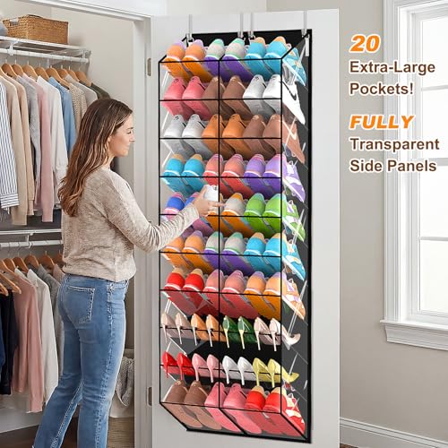 20-30 Pairs Over the Door Shoe Organizer, Transparent PVC Hanging Shoe Rack for Closet, 10-Tier Door Shoes Storage, Crystal-Clear Visibility Fit All the Family's Sneakers, Boots, Heels, Black Frame - color: Black & Clear