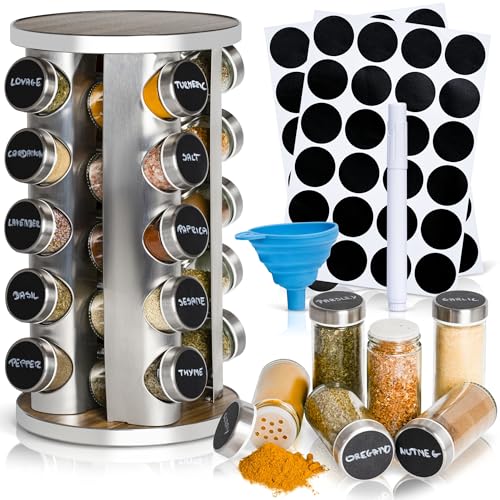 Oak Marketplace 20 Jar Rotating Spice Rack Organizer – Stainless Steel Revolving Countertop Spice Rack with 20 Glass Spice Jars and Labels