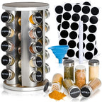 Oak Marketplace 20 Jar Rotating Spice Rack Organizer – Stainless Steel Revolving Countertop Spice Rack with 20 Glass Spice Jars and Labels