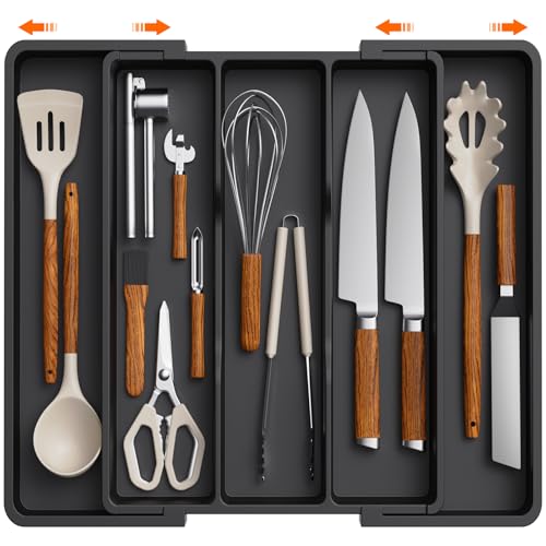 Lifewit Utensil Organizer for Kitchen Drawers, Expandable Cooking Utensil Tray, Adjustable Cutlery Silverware Flatware Holder, Plastic Spatula Tools Storage Divider, 13-22 x 15", Black - color: Black, size: Large(13-22''W x 15"D)