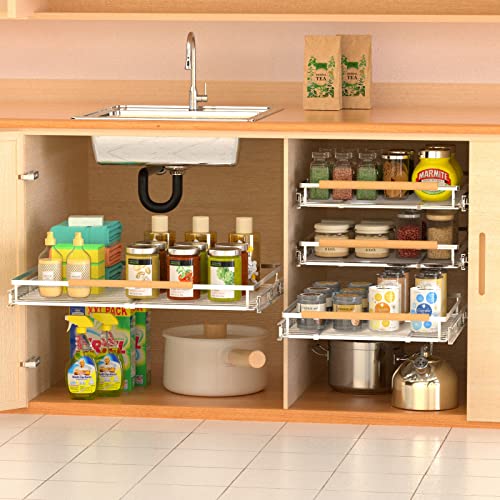 Expandable Pull Out Drawer Cabinet Organizers, Heavy Duty Slide Out Storage Shelf for Home Kitchen Pantry Cupboard Pots Pans, Adjustable Width from 17.2"~28.1", Stainless Steel 2 Pack - color: 2 Pack, size: Large (17.2"~28.1") W x 22.3" D