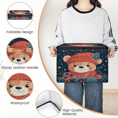 Custom Storage Basket with Name, Personalized Storage Bins with Zipper Lid, Foldable Fabric Storage Box Large capacity with Handle Red Hat Scarf Bear - color: Option 14