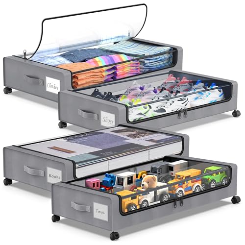 Beborxue Under Bed Storage with Wheels, 4-Pack Underbed Storage Containers with Clear Lids, XXL 60L Under the Bed Storage Organizer Bins, Rolling Under Bed Metal Drawer for Clothes,Shoes,Toys (Gray) - color: 4 Pack-Gray