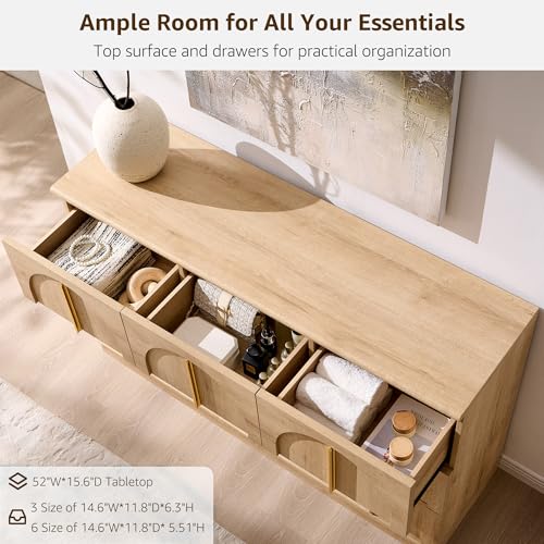 ACCOHOHO Arched Dresser for Bedroom with 9 Drawers, 52" Wide Modern Chest of Drawers with Rounded Edge & Metal Handles, Wood Storage Closet Dressers TV Stand for Living Room, Hallway, Natural Oak - color: Natural Oak, size: 15.6"D x 52"W x 32"H (9 Drawers