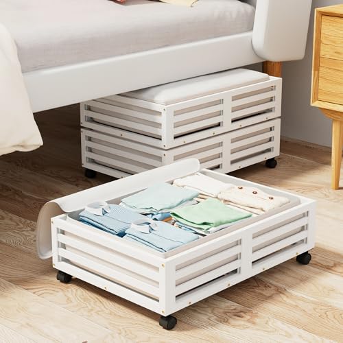 Wisuce Bamboo Under Bed Storage Containers- Underbed Organizer with Wheels with Dust Bag,Sturdy Wood Rolling Under the Bed Shoe Storage Organizer Drawers (White, 2 Pack (23.62"×16.54")) - color: White, size: 2 Pack (23.62"×16.54")