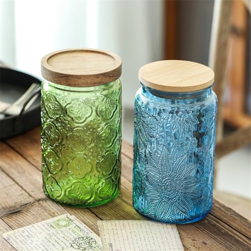 ANSQU Vintage Glass Jar with Solid Wood Lid, 34 FL OZ Blue Sunflower Decorative Jar, Glass Food Storage Container for Coffee, Tea Bags, Nuts, Sugar, Jam, Pet Food (Blue, 1 Pack) - color: Blue, size: 34 Ounces