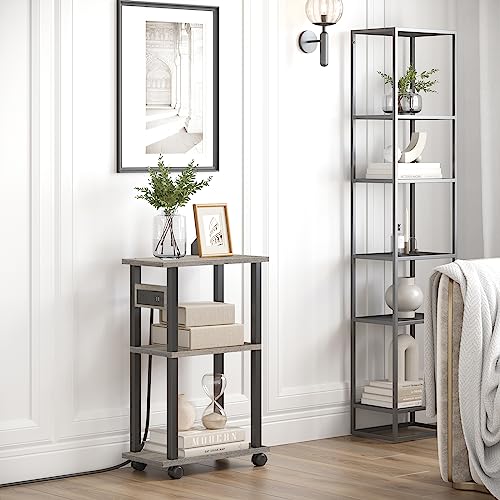 TUTOTAK Small Narrow Side Table with Charging Station, Set of 2 Skinny End Table for Small Spaces, Slim Nightstand with USB Ports and Outlet,Sofa Beside Table with Wheels, Greige TB01BG047 - color: Greige, size: 2 PC, style: With Plug