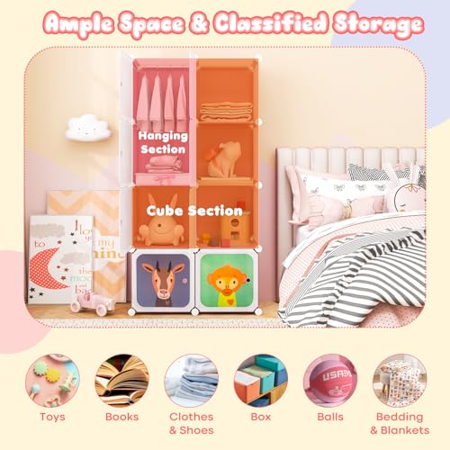 Costzon Kids Closet, Cartoon DIY Modular Dresser Storage Organizer with 8 Cubes & Clothes Hanging Rack, Portable Armoire for Baby Toddlers, Kids Wardrobe for Bedroom Nursery, Pink - color: Pink, size: 14"D x 29.5"W x 57"H (8 Drawers)