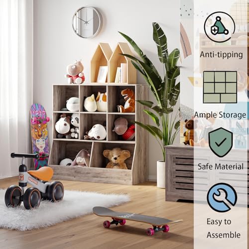 DINZI LVJ Toy Storage Organizer, Kids Bookshelf, Wood Toy Storage Cabinet, 3-Tier 8 Cubby Children Bookcase, 35.4" L Toddler Book Shelf for Playroom, Living Room, Nursery, Hallway, School, Greige - color: Greige, size: 3-Tier 35.4"