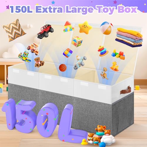 Extra Large Toy Storage Box with Lid, Collapsible Sturdy Toys Chest Storage Organizer Bin Basket with Divider for Kids, Boys, Girls, Closet, Playroom, Bedroom, Nursery, 40"X14"X16", Gray & White - color: Extra Large Gray & White