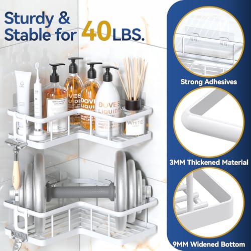 YASONIC Shower Caddy Corner, 2-Pack Adhesive Rustproof Stainless Steel Shower Shelves with Soap Holder, No Drilling Shower Organizer Corner for Dorm, Renters Bathroom White - color: White, size: 2Pack