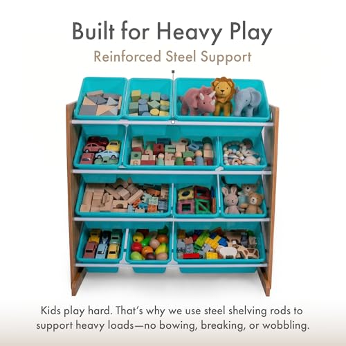 Humble Crew Toy Storage Organizer with 12 Removable Storage Bins for Kids Playroom, 4-Tier Toddler Toy Organization, Natural Wood/Aqua - color: Natural Wood/Aqua