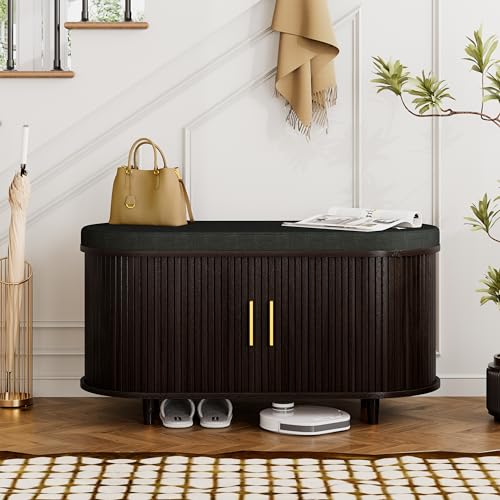 DHH 2-Tier Storage Bench,Wide Shoe Bench with Thickened Padded Seat Cushion, Mid Century Modern Fluted Sliding Door and Adjustable Shelf, for Entryway, Living Room, Bedroom (Dark Walnut, 35.4“) - color: Dark Walnut, size: 35.4 inch
