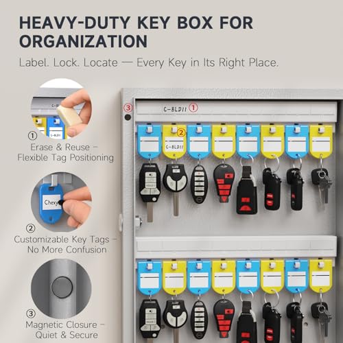 48 Key Lock Box – Wall Mounted Key Cabinet with Dual Lock (Key & 3-Digit Combination), Key Organizer for School, Office Entryway & House Keys, Includes Key Tags - size: 48 Keys(Basic)