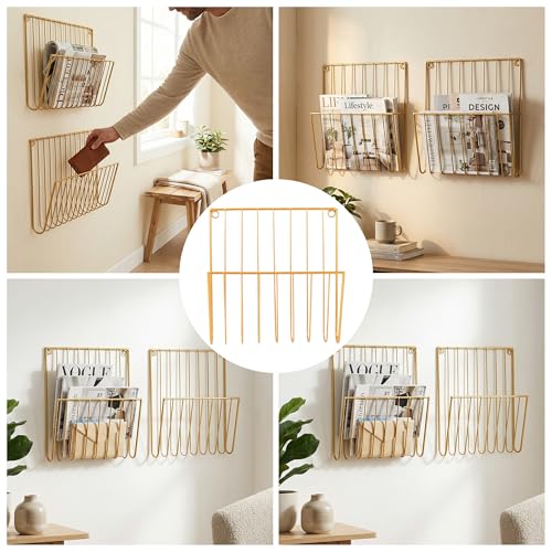2-Pack Wall Magazine Holder File Organizer Mental , Wall Mounted Magazine Rack for Space-Saving, Walls Magazine Holder for Mail, Bathroom & Home Office Organizer, Office Living Room(Gold)