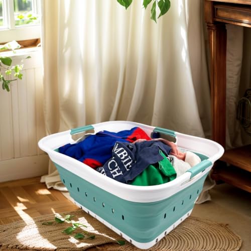 SAMMART 42L (11 gallon) Collapsible Plastic Laundry Basket - Foldable Pop Up Storage Container/Organizer - Space Saving Hamper/Basket (1, White/Celadon Green) - color: White/Celadon Green