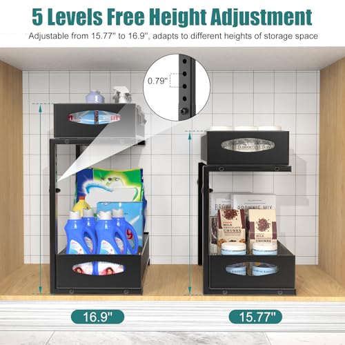 Housolution 2 Pack Under Sink Organizer, 2 Tier Metal Pull Out Under Sink Storage with Sliding Mesh Drawers, Height Adjustable Slide Out Under Sink Organizer for Kitchen Bathroom Cabinet, Black - color: Black, size: 2 Pack, Medium-8.85in Wide