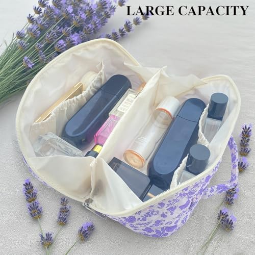 Purple Large Quilted Floral Makeup Bag Cute Coquette Aesthetic Cosmetic Bag Open Flat Travel Toiletry Make up Bag for Women - color: C-lay flat purple