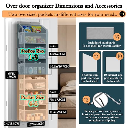 PAULONE 1 Pack Heavy Duty Over the Door Organizer, 6 Large + 12 Mesh Pockets with 89 lbs Capacity, Space-Saving Hanging Storage for Shoes, Toys, Bedroom & Closet (6-Layer Light Gray) - color: 6-Layer Light Gray