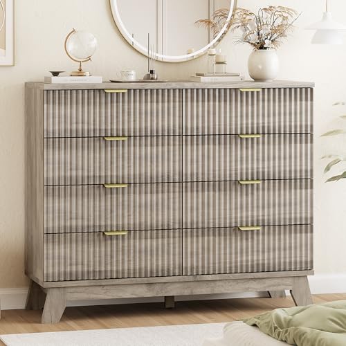 Fluted Dresser for Bedroom with 8 Drawers, 48" Wide Modern Chest of Drawers with Metal Handle, Wooden Dresser TV Stand, Wood Closet Clothes Storage Drawer Organizer for Living Room, Hallway, Grey - color: Grey, size: 15.6"D x 47.2"W x 38.2"H (8 Drawers)