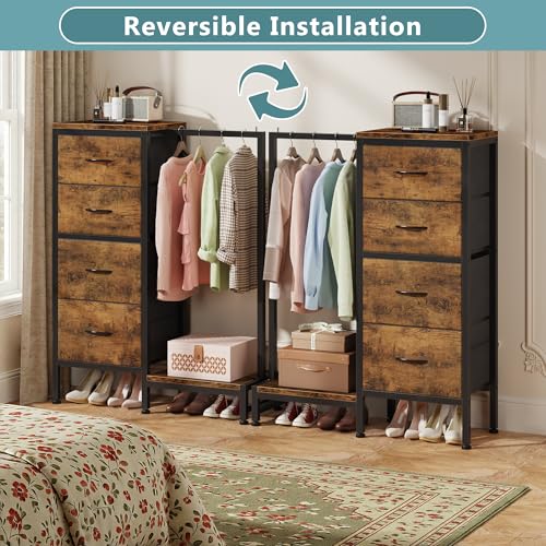 HIGDBFE Dresser with Hanging Rack, 4 Drawers Small Closet for Bedroom, Reversible Fabric Kids Chest of Drawers with Clothes Rack, Tall Storage Tower, Sturdy Frame, Rustic Brown, 44''H - color: Rustic Brown