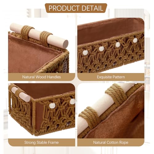 Vesici 4 Pcs Rustic Brown Macrame Storage Basket for Shelves 13 in 11 in Boho Basket Hand Woven Boxes with Wood Handles Beads Decorative Countertop Toilet Tank Cabinet Organizer for Home Room Decor - color: Rustic Brown