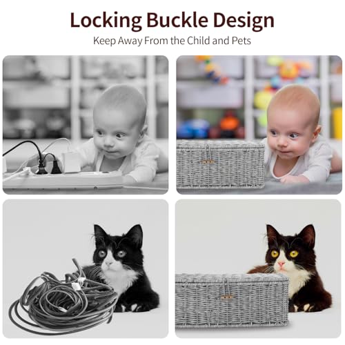 Cable Management Box, Desk Handwoven Rattan Cord Hider Cable Organizer Box With Lid Button Lock, Power Strip Cover Wicker Decorative Basket, Floor Wire Hiding Extension Cord Box (grey) - color: Grey