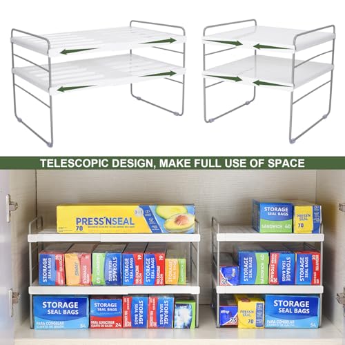Pantry Organization and Storage for Kitchen - Expandable Kitchen Wrap Box Organizer Rack, Foil Organizer for Cabinet & Counter, Height & Width Adjustable Cupboard Storage Rack - (3 Tier 9.8 to 15.6"L) - color: White-1P