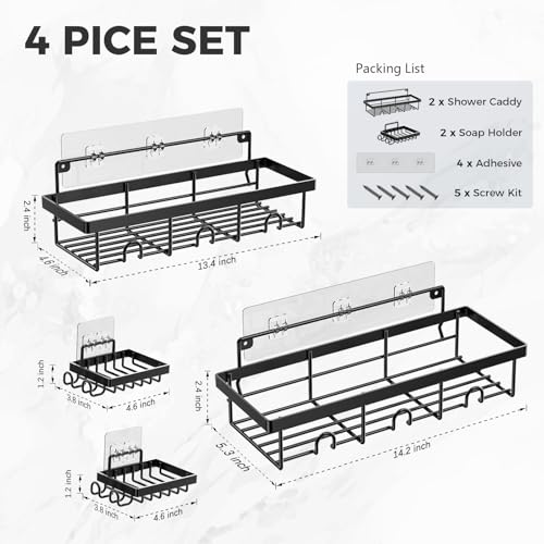 4-Pack Adhesive Shower Caddy - Rustproof Stainless Steel Shower Organizer - Large Capacity No-Drill Shower Shelves for Inside Shower Storage - Versatile Wall Mount Rack for Bathroom & Kitchen (Black) - color: Black