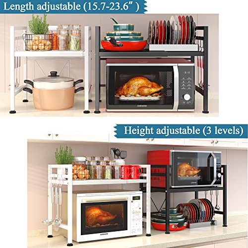 PUSDON Expandable Microwave Oven Rack, 2-Tier Countertop Baker's Rack Style Shelf, Heavy Duty Carbon Steel Stand with 3 Hooks, 160lbs Capacity Modern Kitchen Organizer, White - color: White, size: H-frame 2 tier