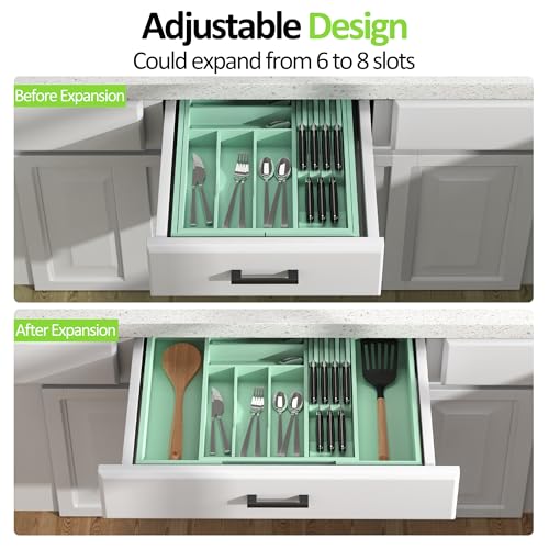 Bamboo Kitchen Drawer Organizer, Expandable Silverware Organizer with Removable Knife Block, 6-8 Slots- Utensil Holder & Cutlery Tray Drawer Dividers, 2.36" Deep for Extra Capacity, Cyan - color: Cyan